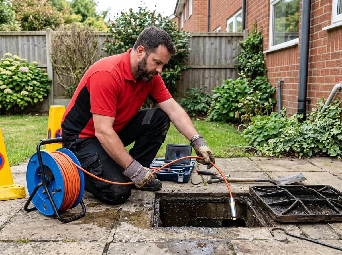 Loughton Plumbers engineer using a CCTV drain camera to inspect a blocked drain in Loughton