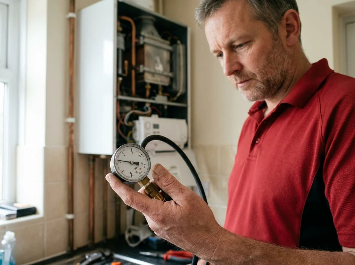 Loughton Plumbers engineer checking boiler pressure with a gauge during a boiler repair in Loughton